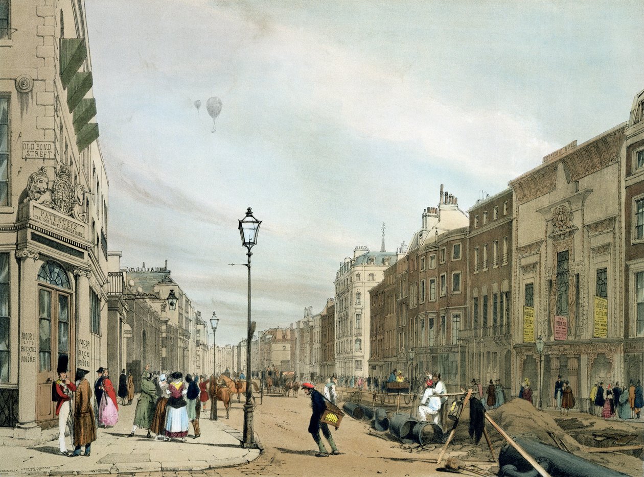 Piccadilly Old Bond Streetin kulmasta, "London As It Is" -teoksesta, kaiverrettu ja julkaissut taiteilija tekijältä Thomas Shotter Boys