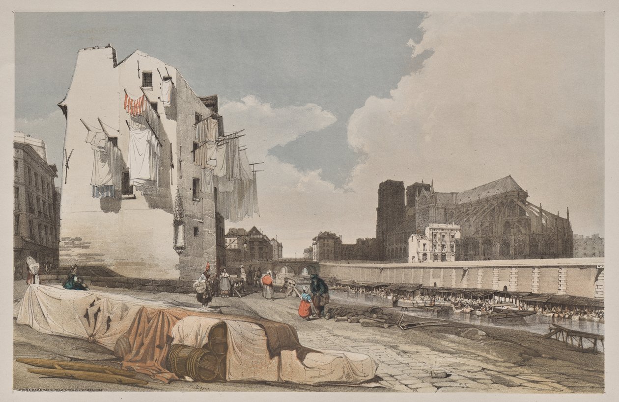 Kuvankaunis arkkitehtuuri Pariisissa, Gentissä, Antwerpenissä, Rouenissa: Nôtre Dame, Pariisi, Quai St. Bernardista tekijältä Thomas Shotter Boys