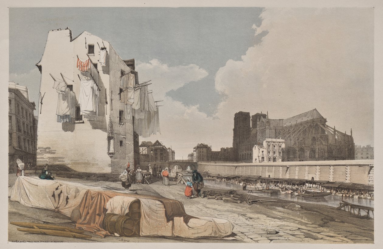 Kuvankaunis arkkitehtuuri Pariisissa, Gentissä, Antwerpenissä, Rouenissa: Nôtre Dame, Pariisi, Quai St. Bernardista tekijältä Thomas Shotter Boys