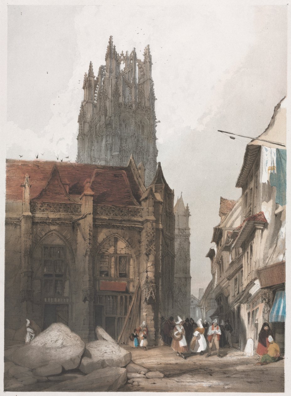 Kuvankaunis arkkitehtuuri Pariisissa, Gentissä, Antwerpenissä, Rouenissa: St. Laurent, Rouen, Ranska, 1839. tekijältä Thomas Shotter Boys