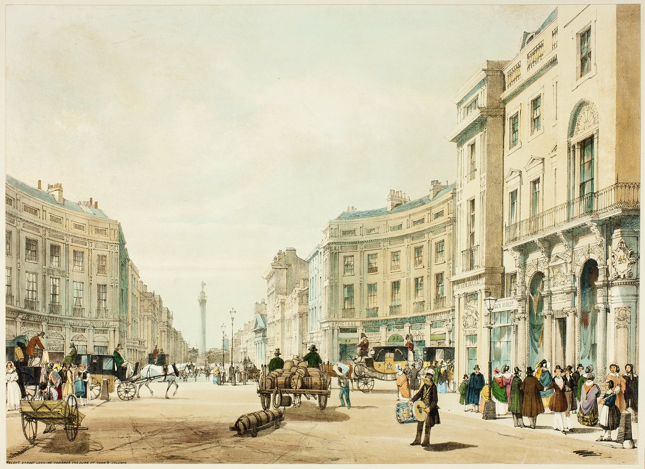 Regent Street Yorkin herttuan pylvästä kohti katsoen, levy kahdestoista alkuperäisistä Lontoon näkymistä sellaisena kuin se on tekijältä Thomas Shotter Boys