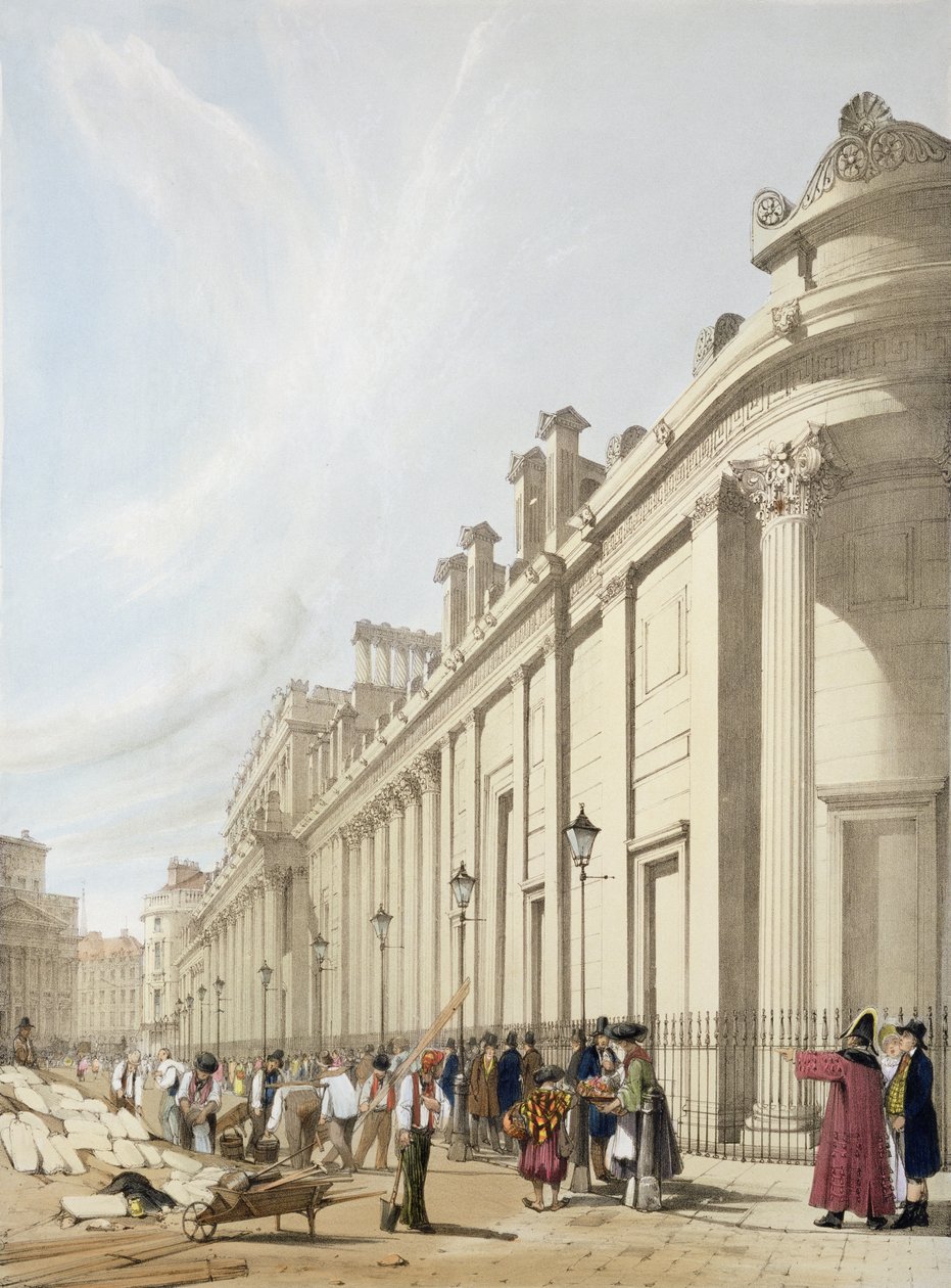 Englannin keskuspankki katselee Mansion Housea kohti "London As It Is", taiteilijan kaivertama ja julkaissut, 1842 tekijältä Thomas Shotter Boys