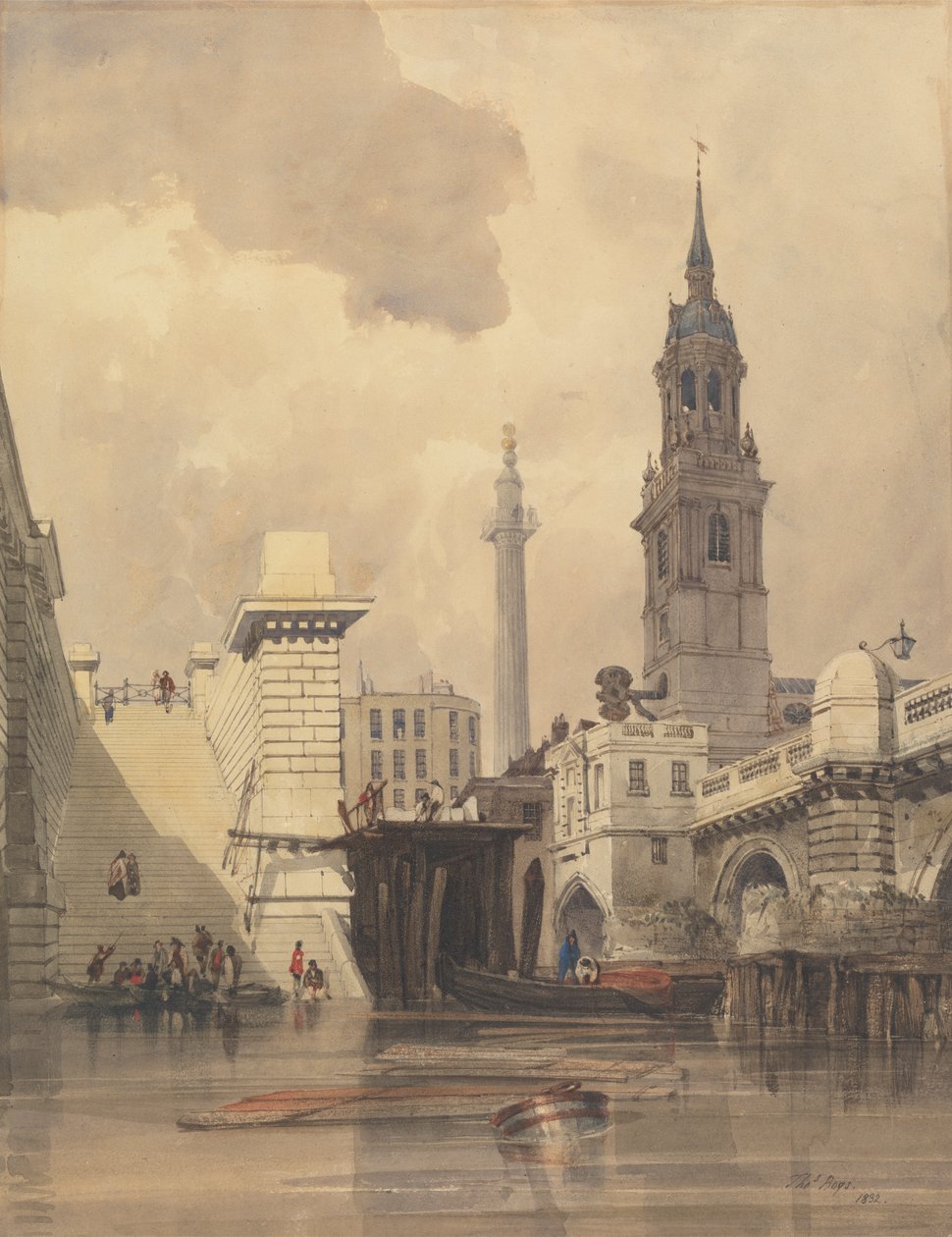 Pyhän Magnus marttyyri kirkko, London Bridge, taustalla monumentti tekijältä Thomas Shotter Boys