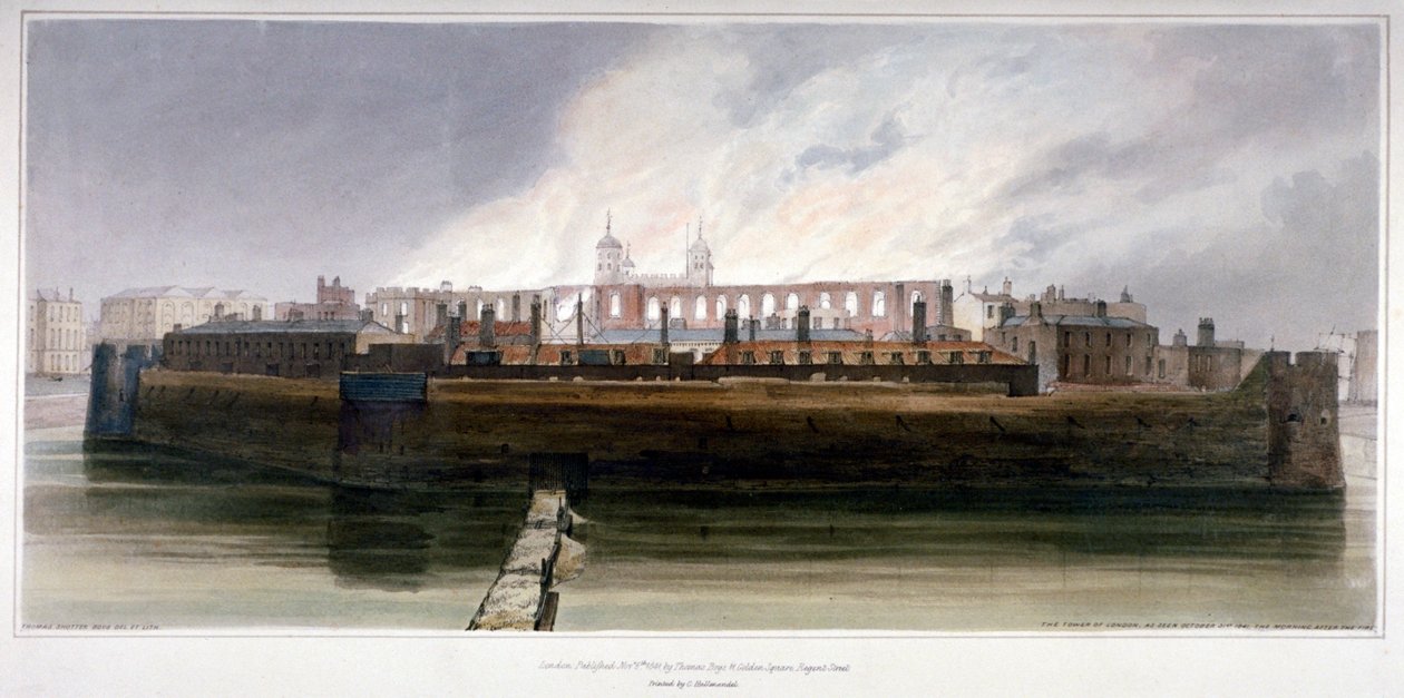 Lontoon Tower asehuoneen tulipalon jälkeisenä aamuna 30. lokakuuta 1841 tekijältä Thomas Shotter Boys