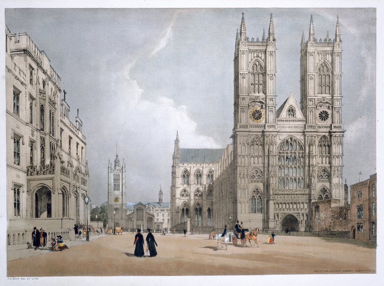 Westminster Abbey ja sairaala, Lontoo, 1842 tekijältä Thomas Shotter Boys