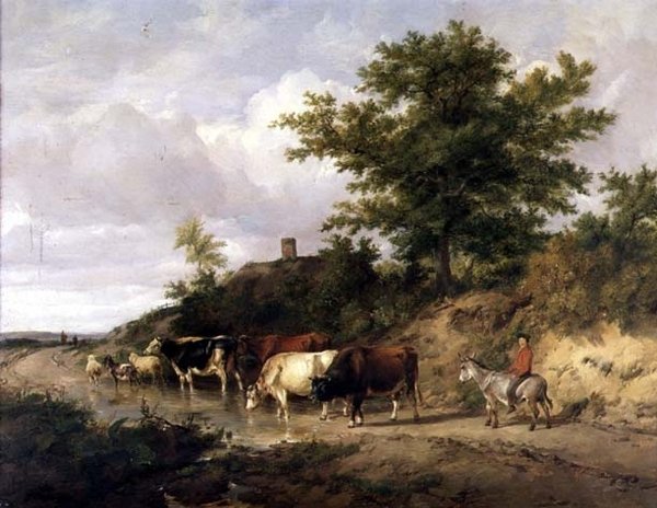 Metsäinen maisema poika aasilla ja karja kaakelilla tekijältä Thomas Sidney Cooper