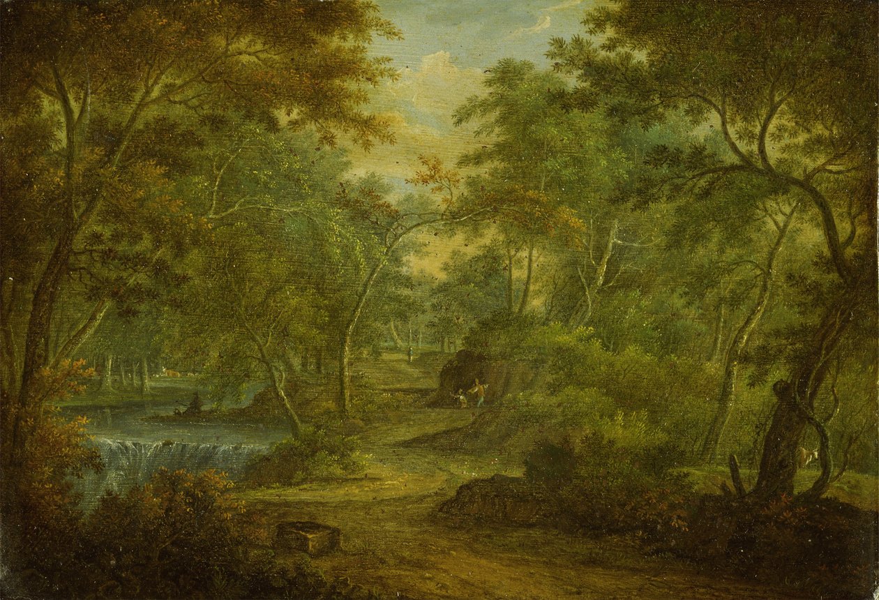 Metsäinen maisema, jossa on puro ja kalastaja (öljy kuparille) tekijältä Thomas Smith of Derby