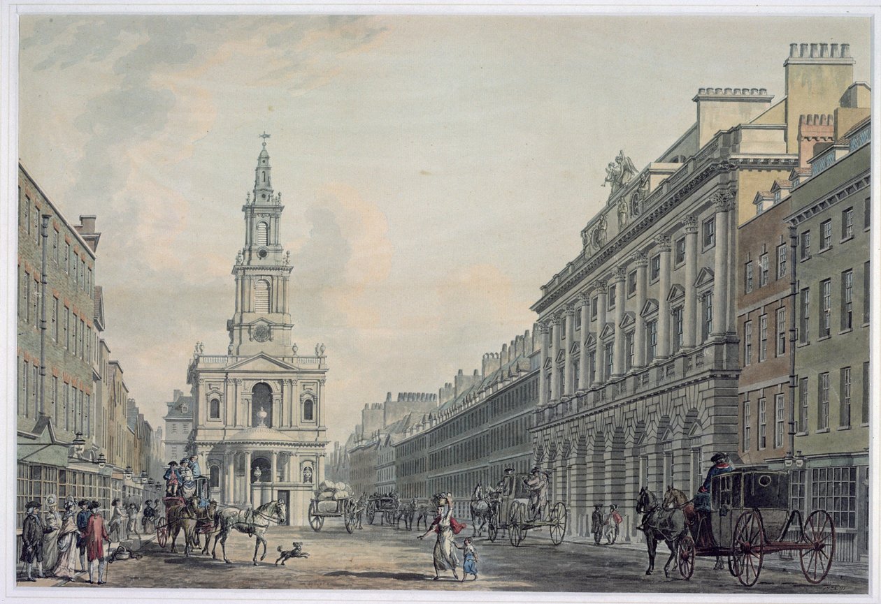 Strand Somerset Housen ja St. Mary le Strandin kanssa, 1781 (akvatinta) tekijältä Thomas Snr. Malton
