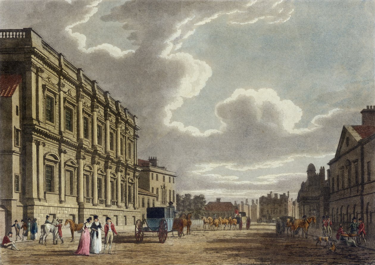 Whitehall, Westminster Lontoossa (värillinen akvatinta) tekijältä Thomas Snr. Malton