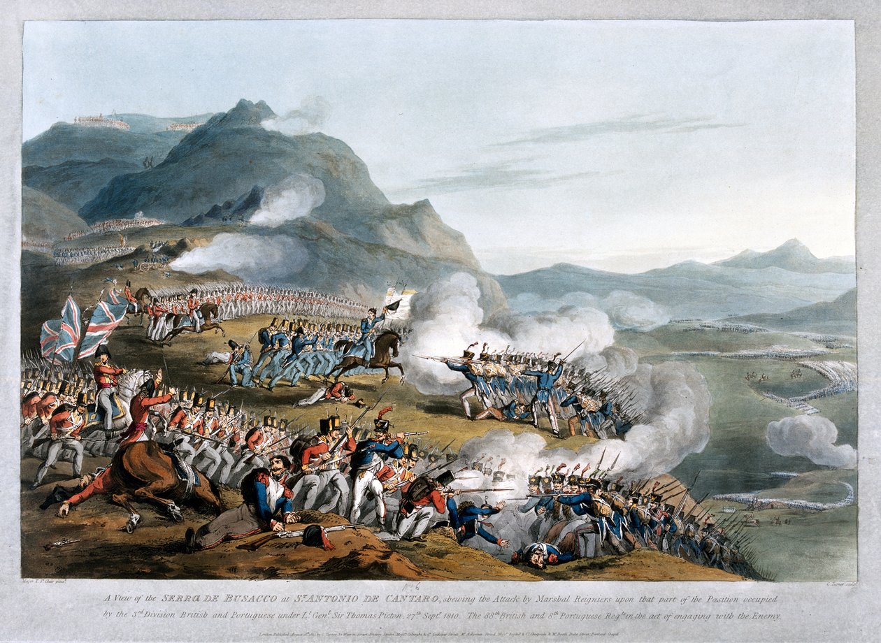 Näkymä Sierra de Busacosta St. Antonio de Cantarossa, jossa näkyy marsalkka Reigniersin hyökkäys, Charles Turnerin kaiverrus, julkaistu 1812 (akvatinta) tekijältä Thomas Staunton St. Clair