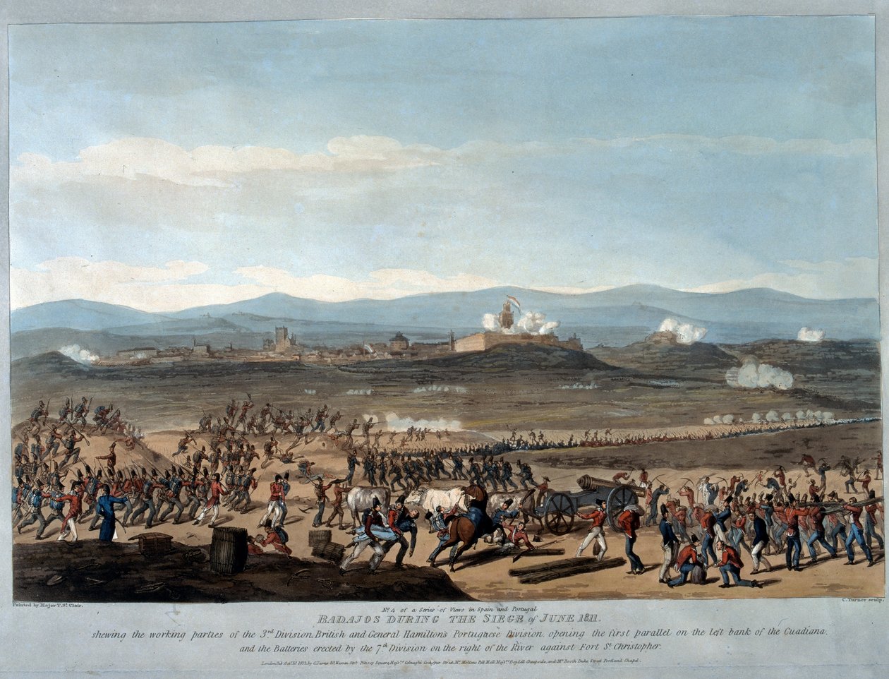 Badajoz Kesäkuun 1811 piirityksen aikana, Charles Turnerin kaivertama, 1812 (akvatinta) julkaisusta "Näkymiä Espanjan ja Portugalin kampanjoiden tärkeimmistä tapahtumista", levy 4 tekijältä Thomas Staunton St. Clair