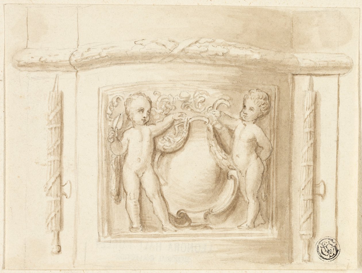 Pilasterin jalusta kohokuviolla, 2 puttia, kilpi tekijältä Thomas Stothard