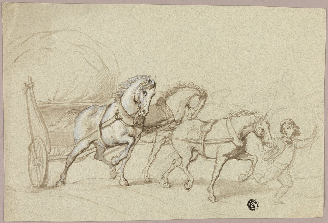 Lapsi johtaa kolmea hevosta ja vaunua tekijältä Thomas Stothard