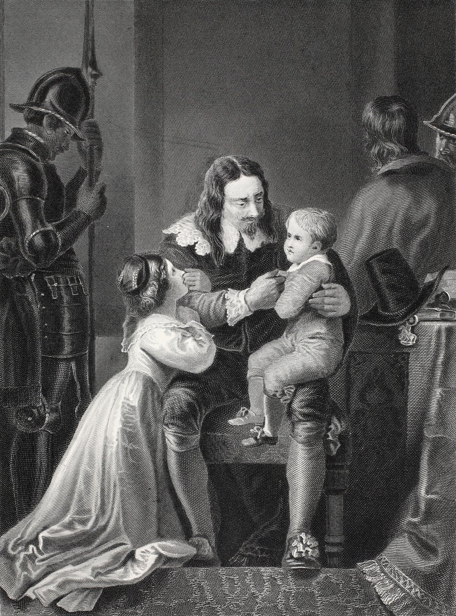 Englannin kuningas Kaarle I jättämässä hyvästit lapsilleen ennen teloitustaan, kaiverrettu A.H. Payne tekijältä Thomas Stothard