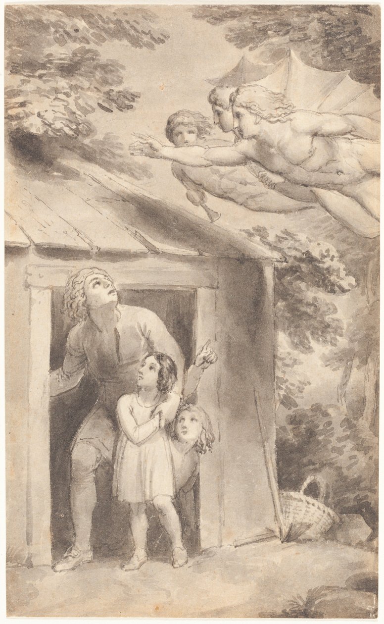 Kolme lentävää hahmoa vierailee Peterin ja hänen lastensa luona tekijältä Thomas Stothard