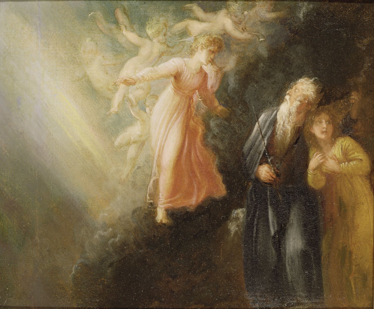 Prospero, Miranda ja Ariel, elokuvasta "Myrsky", n. 1799 (öljy paperille kankaalle) tekijältä Thomas Stothard