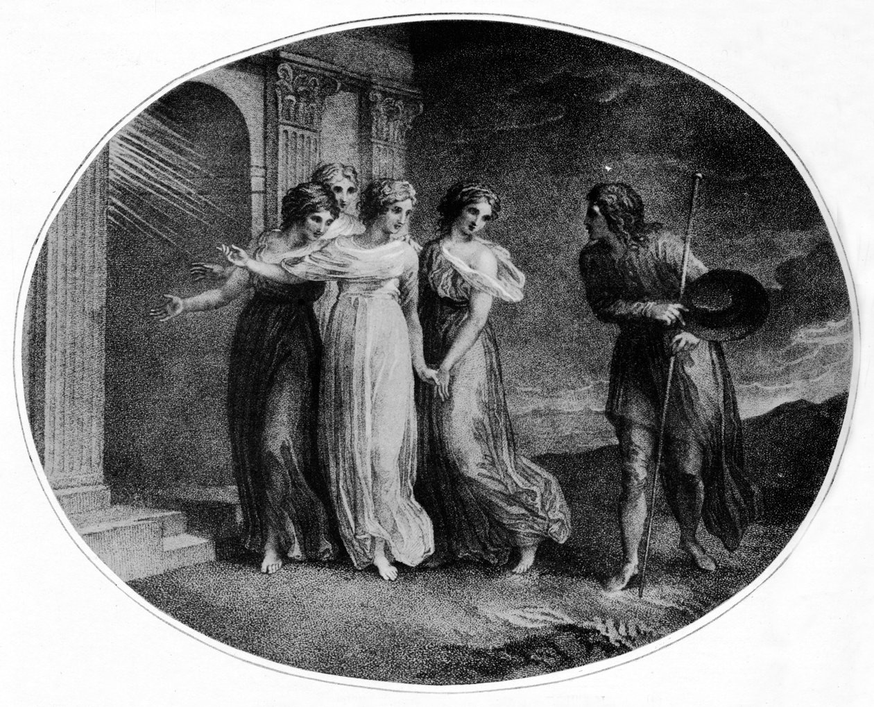 Varovaisuus, hurskaus, hyväntekeväisyys ja harkintakyky kutsuvat Christianin kauniiseen palatsiin, 1789, 1912 tekijältä Thomas Stothard