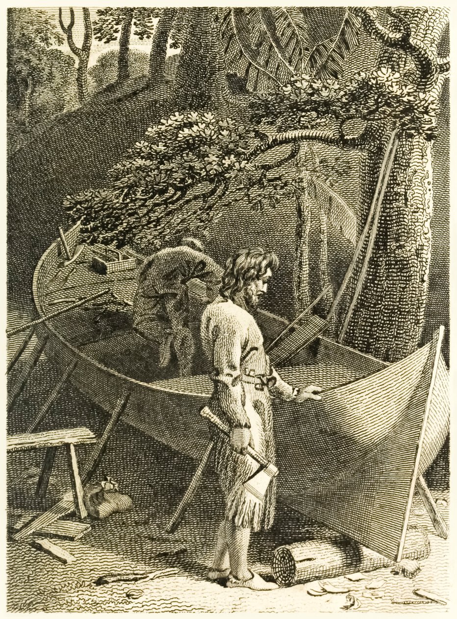 ?Robinson Crusoe ja perjantai tekemässä venettä? "Robinson Crusoen elämä ja oudot yllättävät seikkailut tai York, Mariner?" Kirjailija: Daniel Defoe tekijältä Thomas Stothard