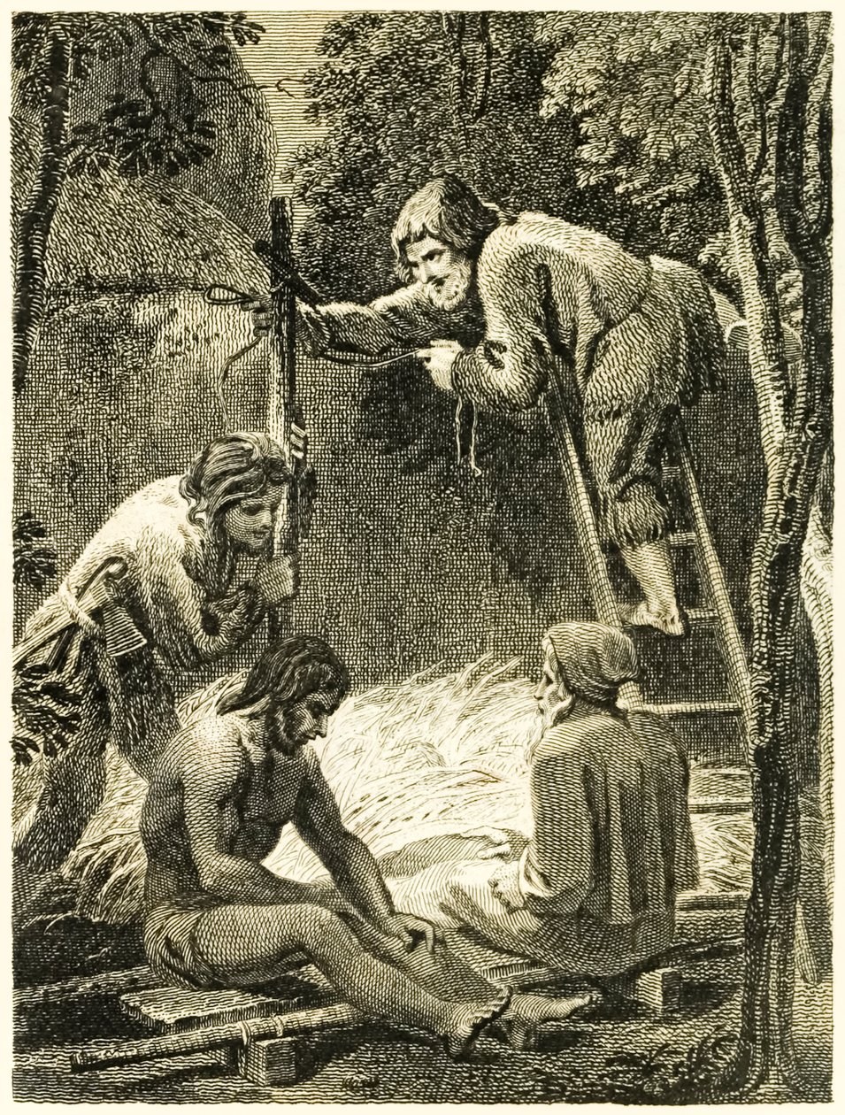 "Robinson Crusoe ja Perjantai tekevät telttoja perjantain isän ja espanjalaisen majoittamiseksi" Daniel Defoen teoksesta "Robinson Crusoen eli Yorkin merimiehen elämä ja oudot seikkailut". tekijältä Thomas Stothard