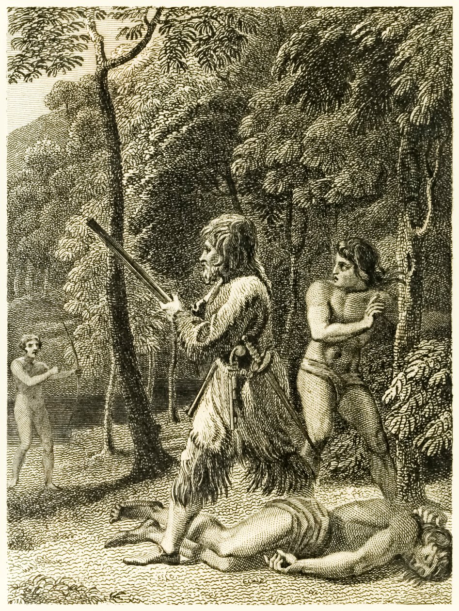 ?Robinson Crusoe näkee ja pelastaa miehensä ensin perjantaina? "Robinson Crusoen elämä ja oudot yllättävät seikkailut tai York, Mariner?" Kirjailija: Daniel Defoe tekijältä Thomas Stothard