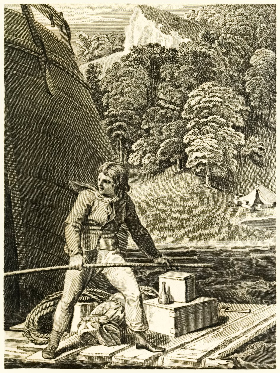 ?Robinson Crusoe lautallaan? "Robinson Crusoen elämä ja oudot yllättävät seikkailut tai York, Mariner?" Kirjailija: Daniel Defoe tekijältä Thomas Stothard
