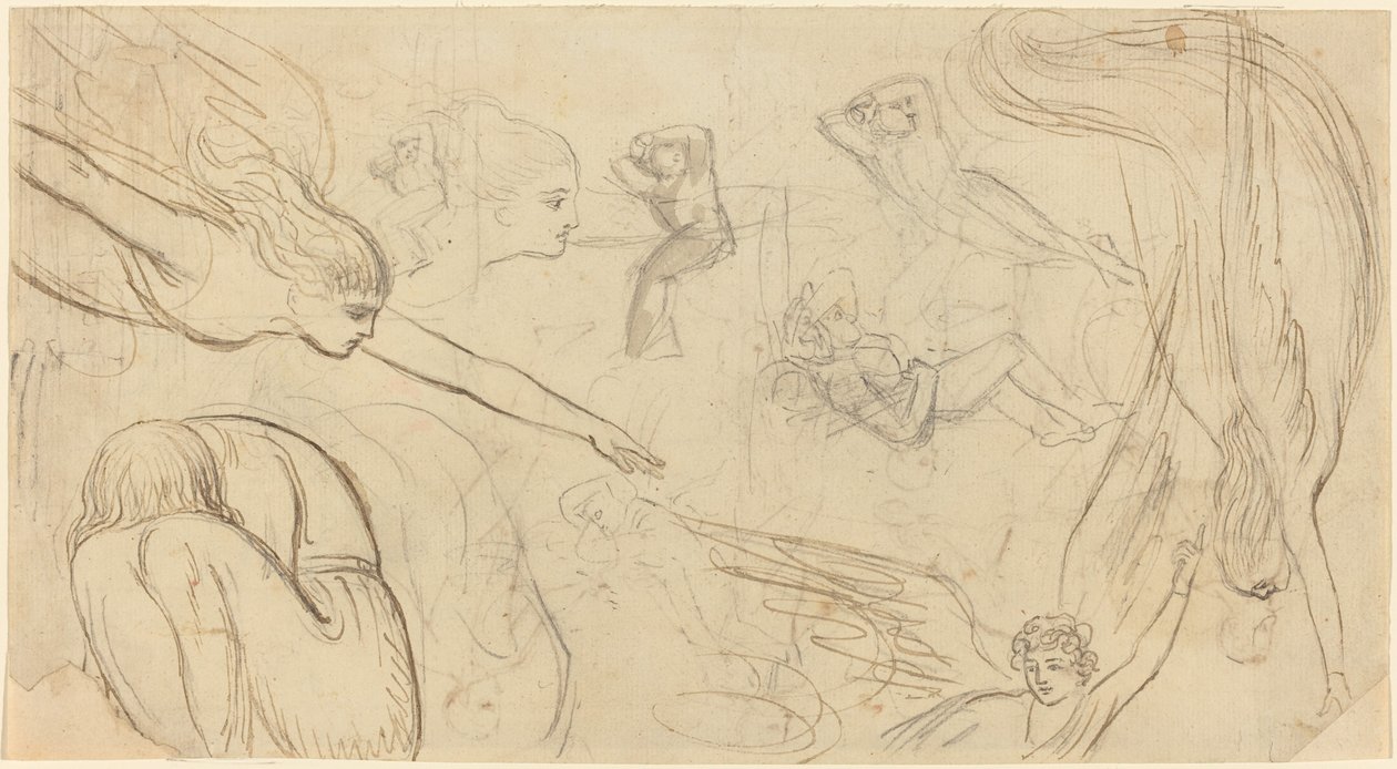 Opintolehti enkeleistä ja kumartuvista hahmoista (kuvitus Macklinin Raamatusta?) tekijältä Thomas Stothard