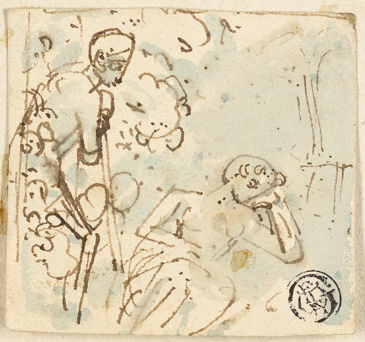 Luonnos miehestä, joka nojaa miehiin ja katsoo nukkuvaa naista tekijältä Thomas Stothard