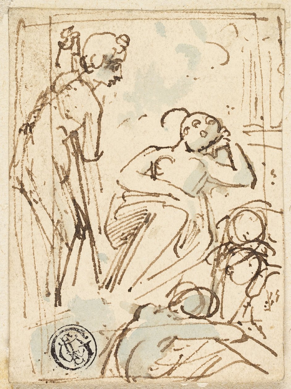 Luonnos miehestä, joka nojaa miehiin ja katsoo nukkuvaa naista tekijältä Thomas Stothard