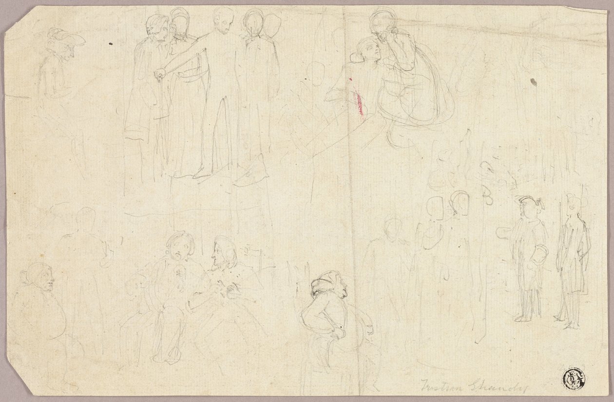Luonnokset Tristram Shandylle (recto); Luonnokset medaljonista istuvalla allegorisella hahmolla (käänteinen) tekijältä Thomas Stothard