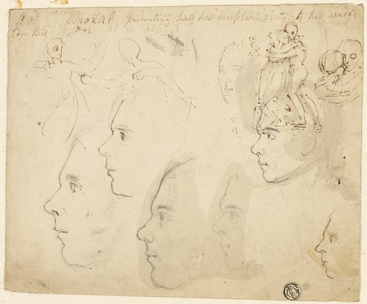 Luonnokset miesprofiileista, pariskunnan syleily tekijältä Thomas Stothard
