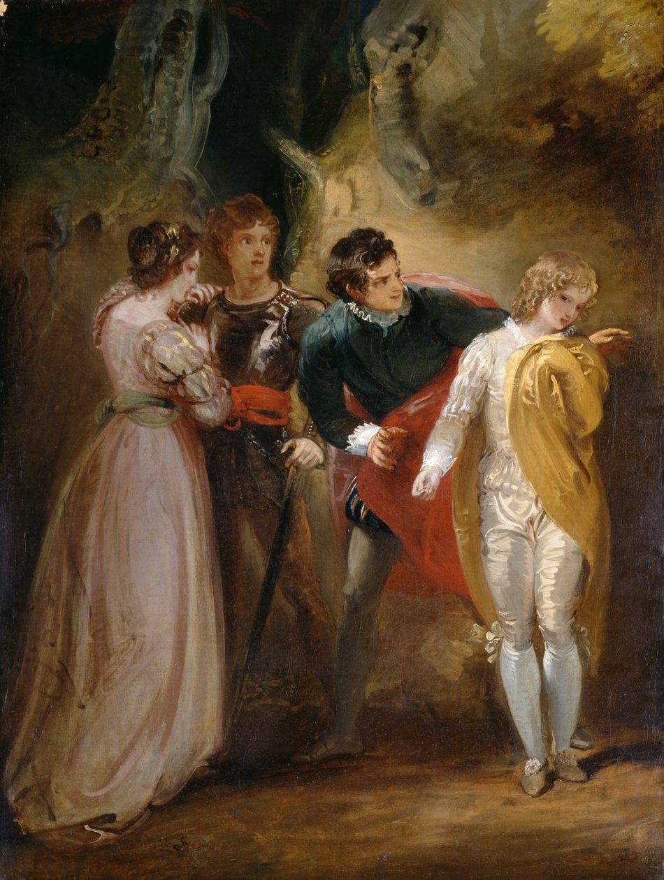 Sylvia ja lainsuojattomat: Kohtaus Shakespearen teoksesta "Veronan kaksi herraa" (öljy kankaalle) tekijältä Thomas Stothard