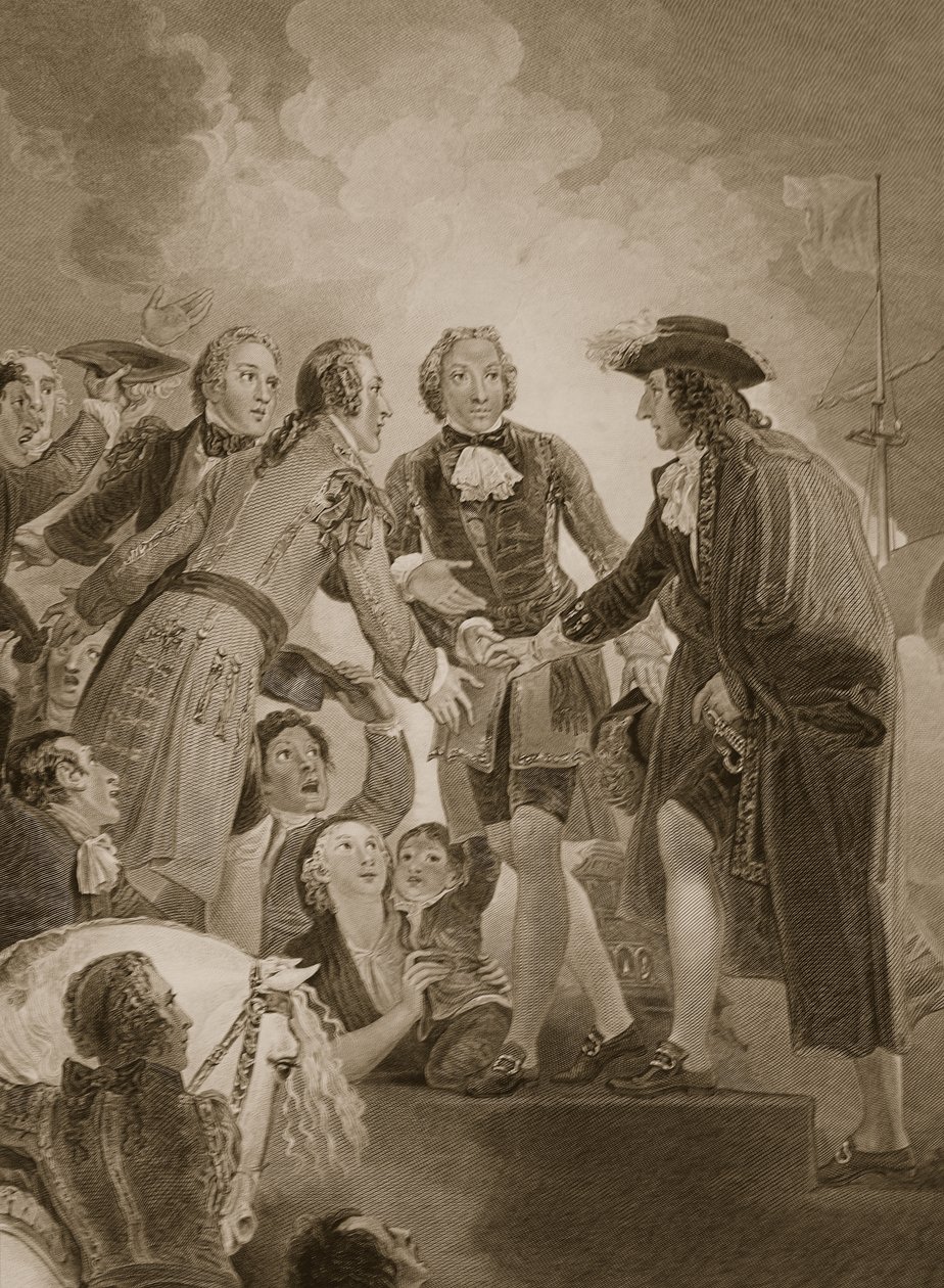 The Landing of William 3rd at Torbay, kaiverrus George Noble, kuvitus David Humen Englannin historiasta, pub. R. Bowyer, Lontoo, 1812 tekijältä Thomas Stothard
