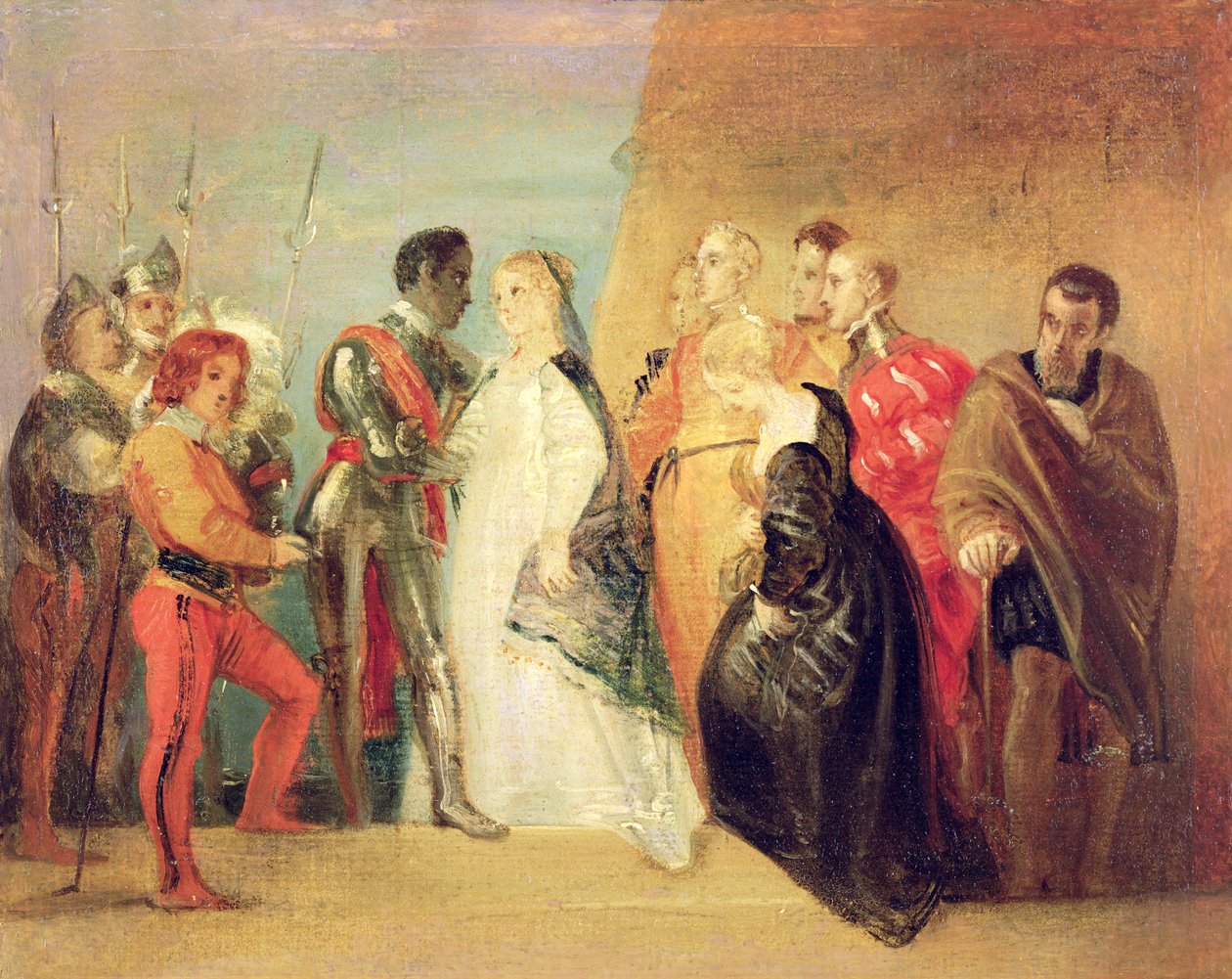Othellon paluu, näytös II, kohtaus ii elokuvasta "Othello", n. 1799 (öljy paperille kankaalle) tekijältä Thomas Stothard
