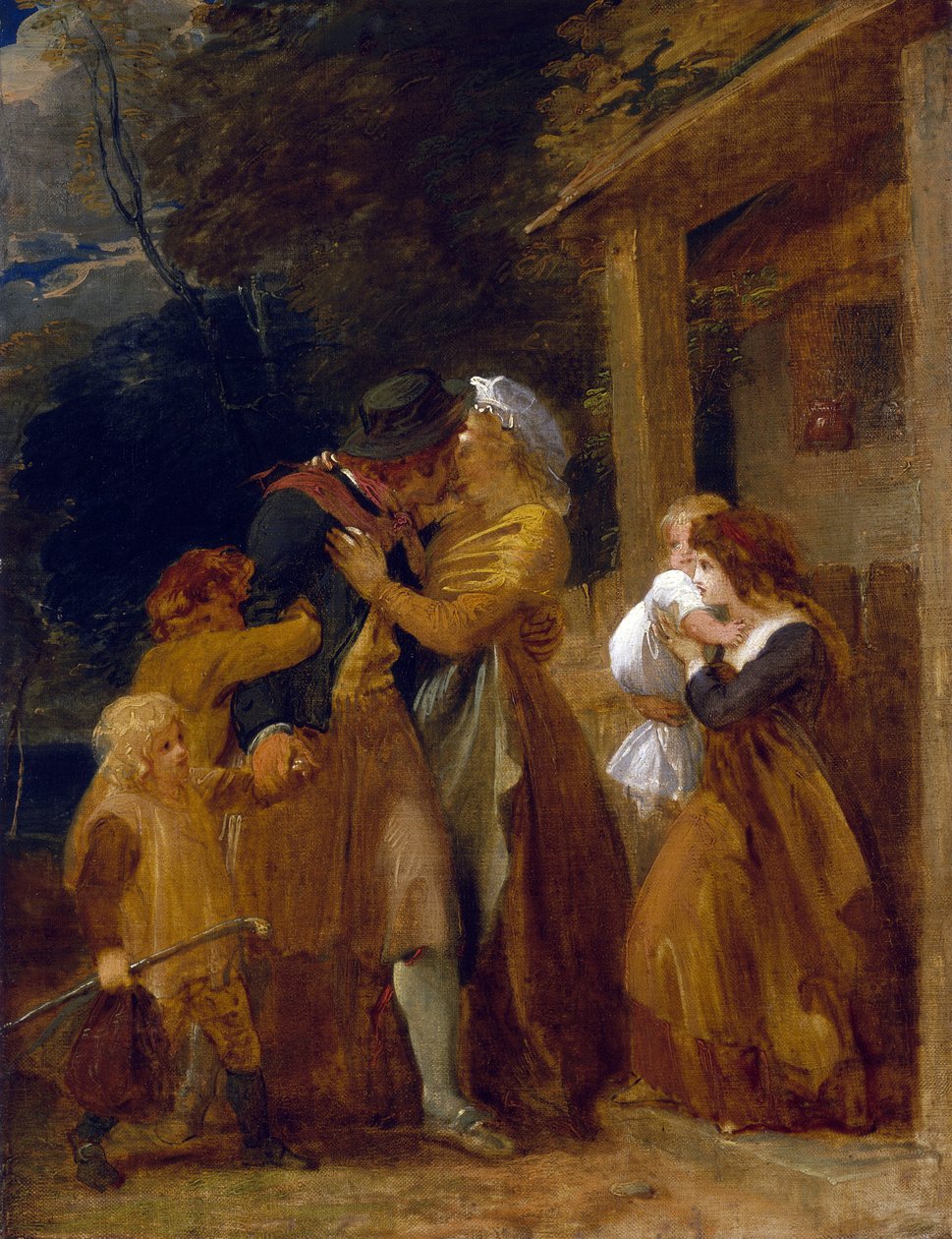 Merimiehen paluu, perheen jälleennäkeminen mökin kynnyksellä. Öljy kankaalle tekijältä Thomas Stothard
