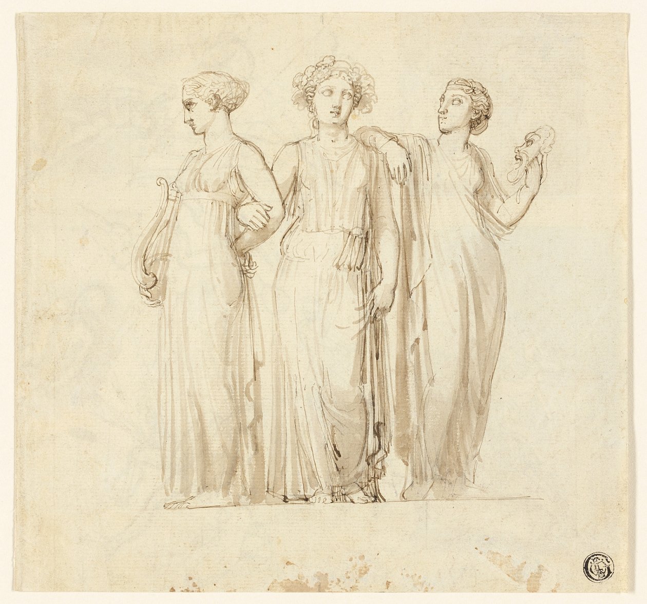 Kolme muusaa (recto); Tutkimus ritarista ja munkista kuvitukseen goottilaisessa romaanissa (käänteinen) tekijältä Thomas Stothard