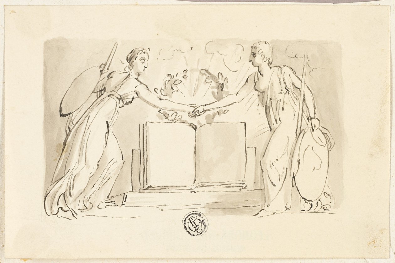 Kaksi vertauskuvallista naishahmoa ristissä käsiä kirjan edessä tekijältä Thomas Stothard
