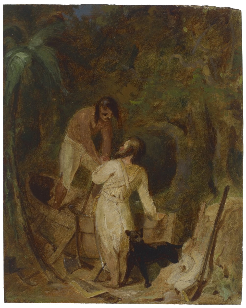 Robinson Crusoen veneenrakennus ja perjantai, n. 1856 tekijältä Thomas Sully