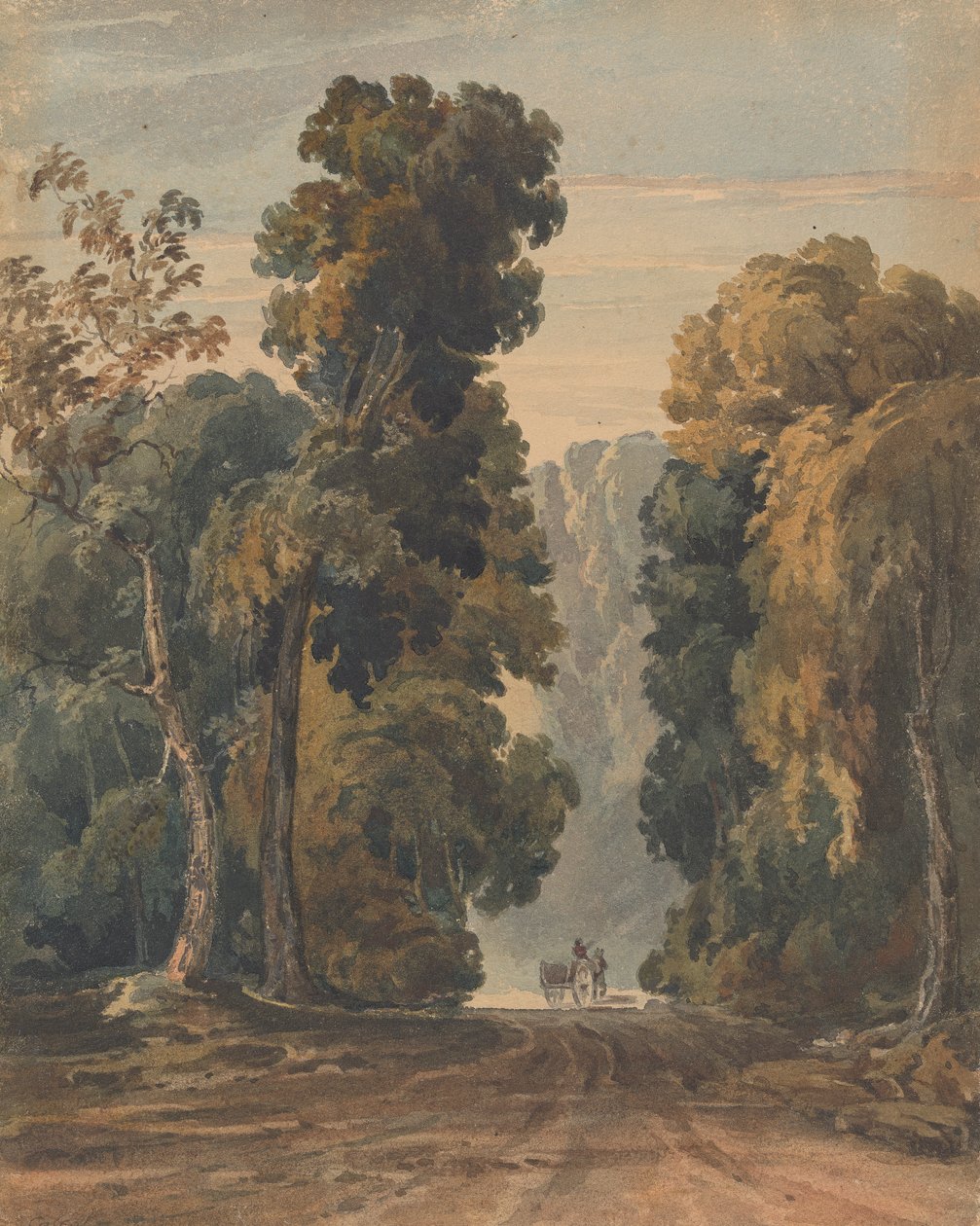 Hevonen, kärry ja kuljettaja leveällä, puiden reunustamalla kaistalla tekijältä Thomas Sully