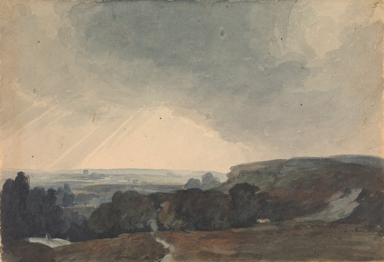 Maisemamaisema kukkulan huipulta, näkymä aurinkoiseen laaksoon tekijältä Thomas Sully