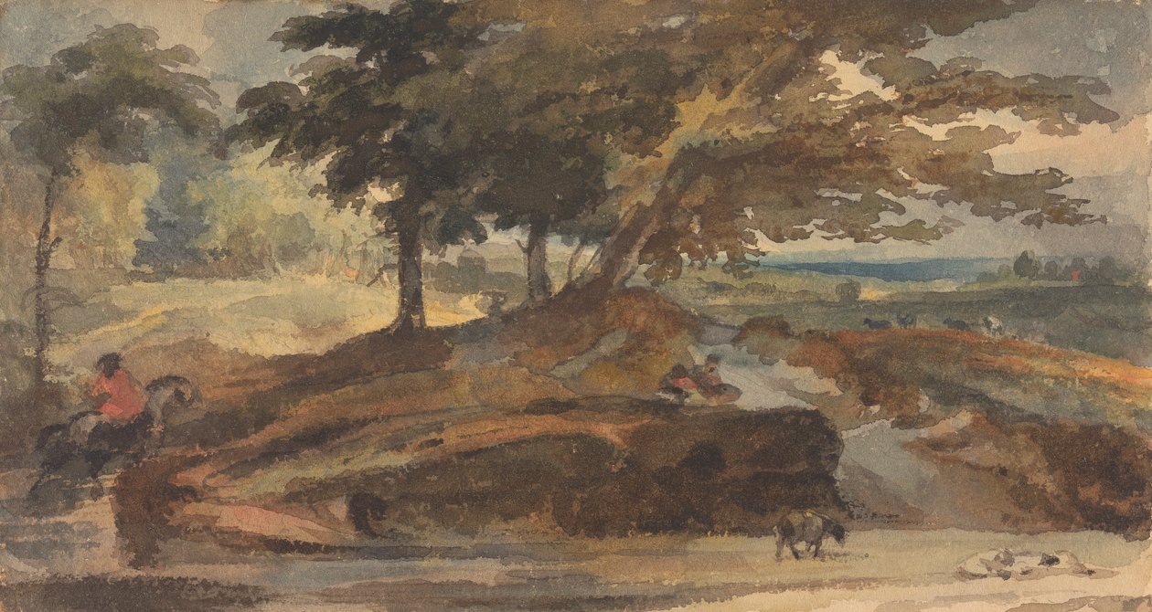 Maisema kumpulla puiden kanssa, hahmo hevosen selässä tekijältä Thomas Sully