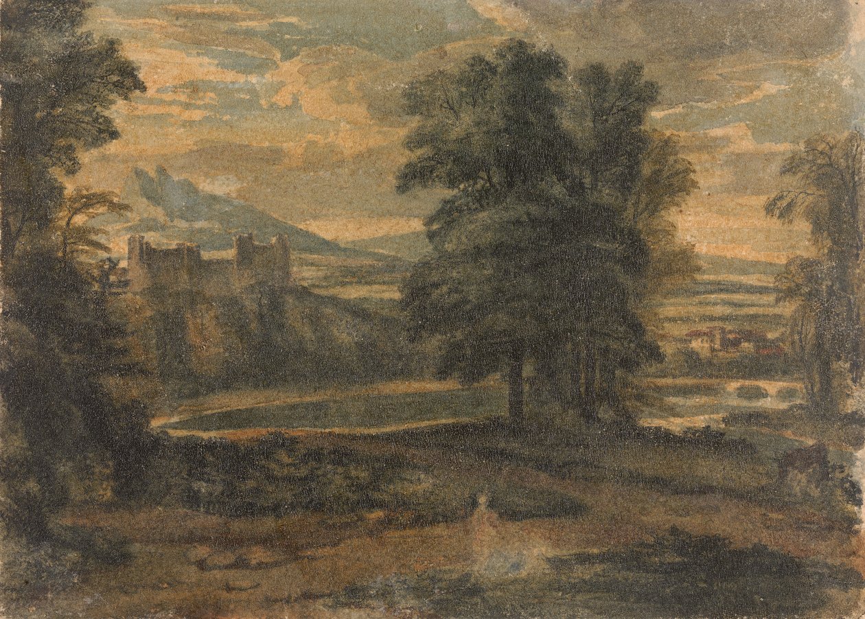Maisema vuorilla, linnalla, puilla ja järvellä tekijältä Thomas Sully