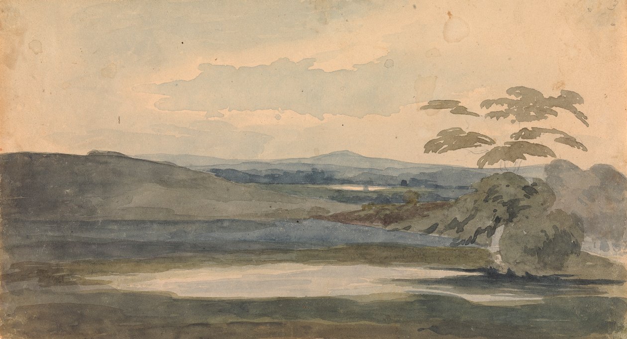 Maisema puilla ja vuorilla, järvi etualalla tekijältä Thomas Sully