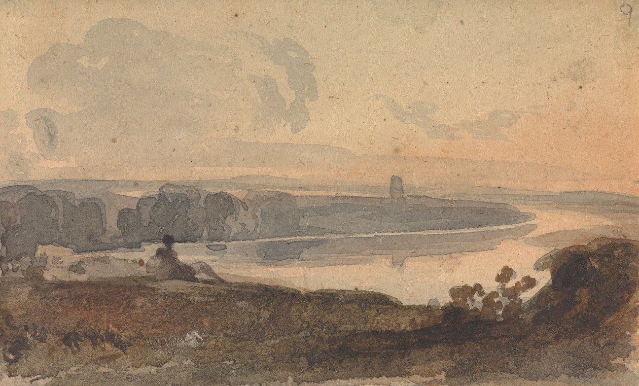 Maisema, jossa mutkainen joki, hahmo kukkulalla etualalla tekijältä Thomas Sully