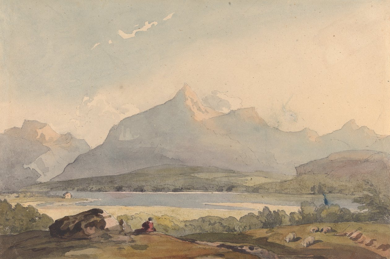Vuoristoinen maisema, jossa järvi ja hahmo etualalla tekijältä Thomas Sully