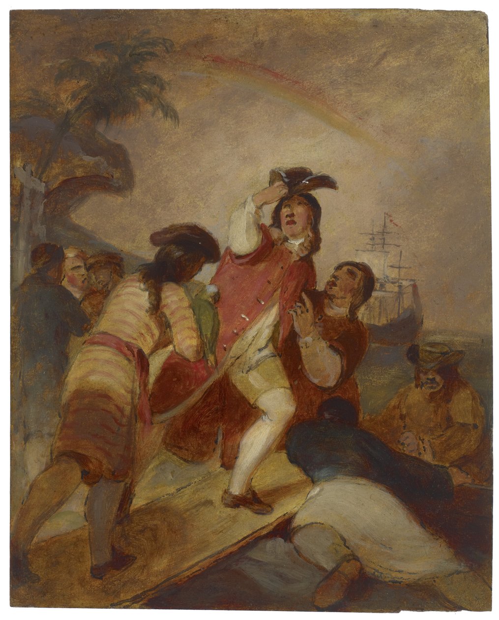 Robinson Crusoe ja hänen miehensä perjantaina lähtevät saarelta, n. 1856 tekijältä Thomas Sully