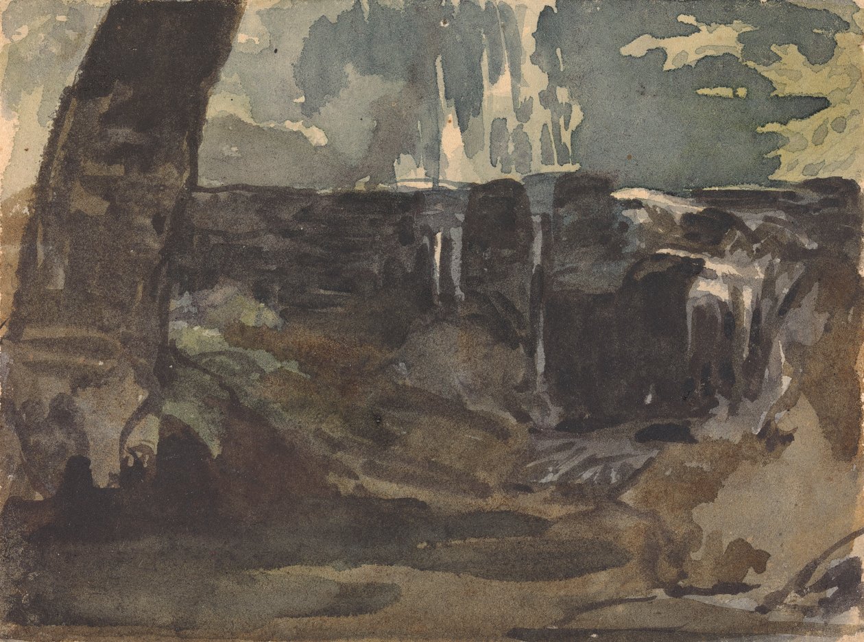 Kalliomainen maisema, suuri puunrunko etualalla tekijältä Thomas Sully