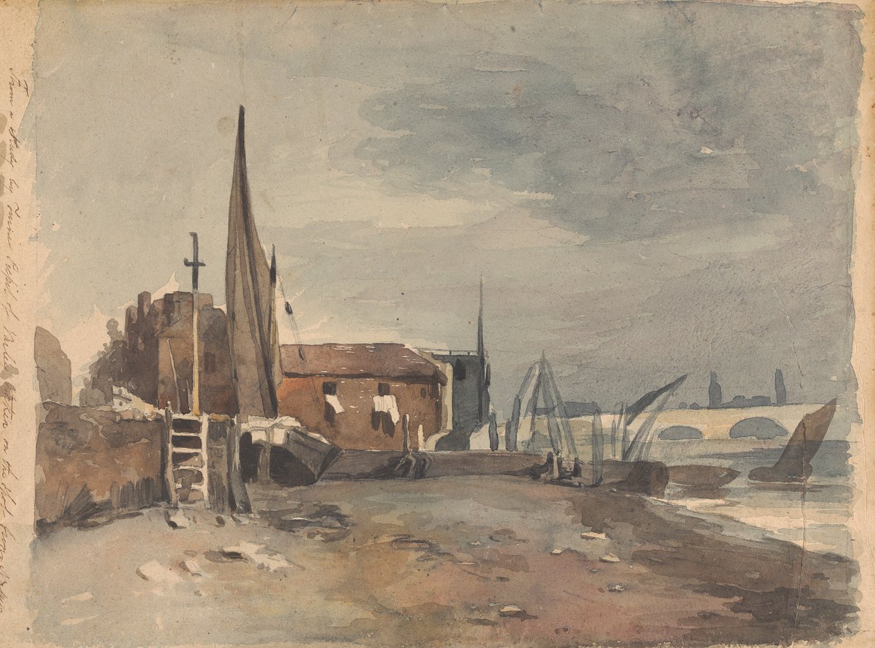Rantakohtaus rakennuksilla ja veneillä tekijältä Thomas Sully