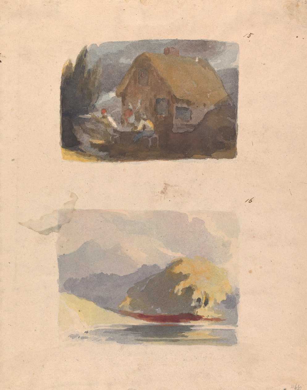 Kaksi piirustusta yhdelle arkille: Mökki hahmoilla edessä (nro 15); Maisema joen ja vuorten kanssa - Auringonpaiste (nro 16) tekijältä Thomas Sully