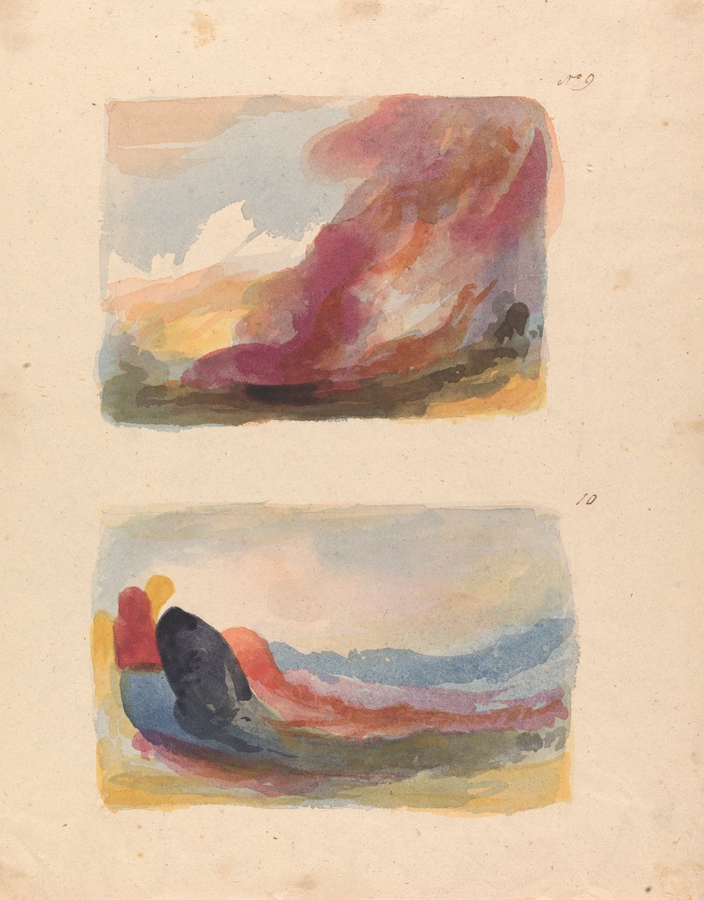 Kaksi piirustusta yhdelle arkille: Maisema - Color Wash, Titian (nro 9); Maisema - väripesu, Rubens (nro 10) tekijältä Thomas Sully