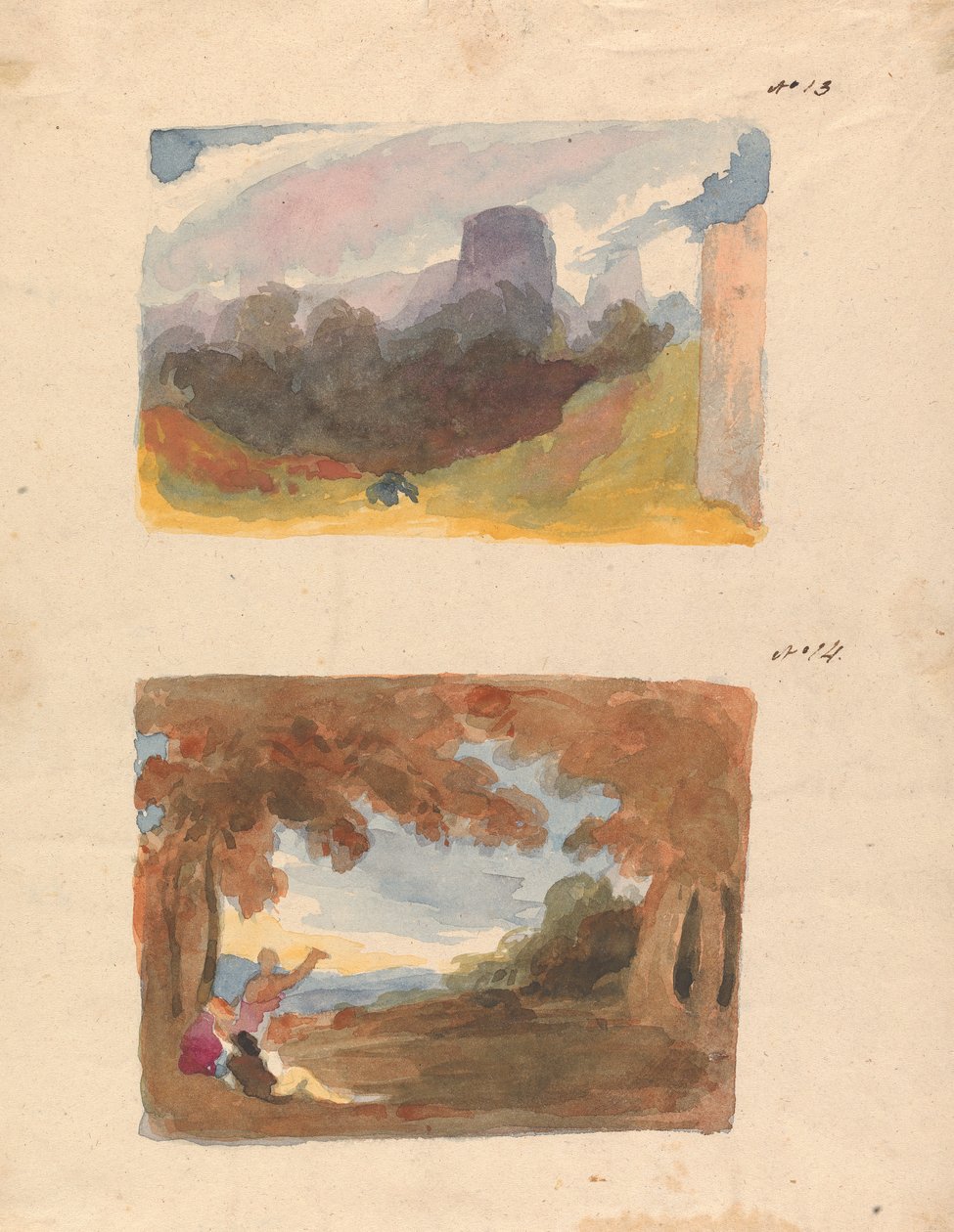 Kaksi piirustusta yhdelle arkille: Maisema linnan kanssa - moderni tapa (nro 13); Maisema hahmoilla etualalla (nro 14) tekijältä Thomas Sully